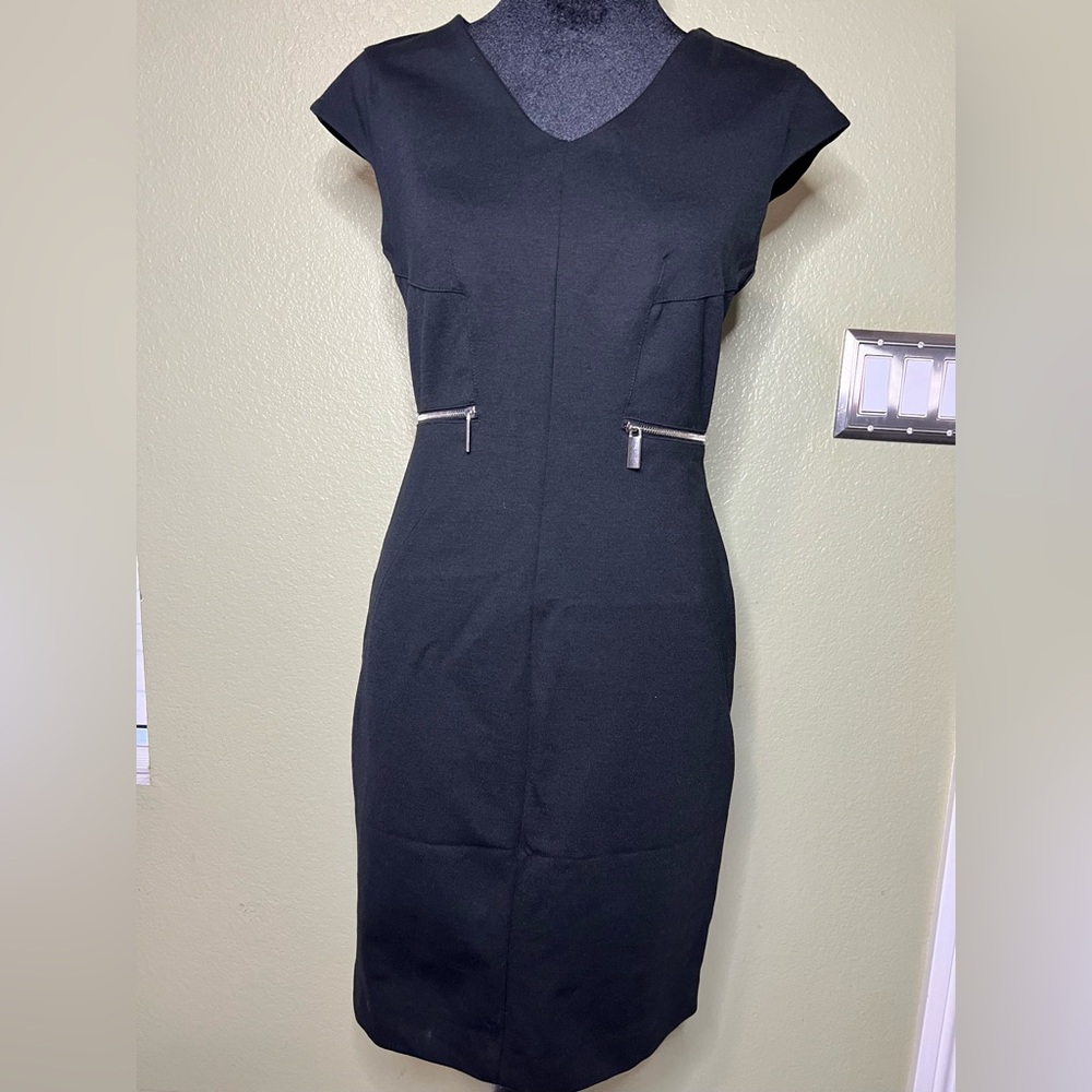 New York & Company Black V-Neck Sheath Dress with Zip Accents